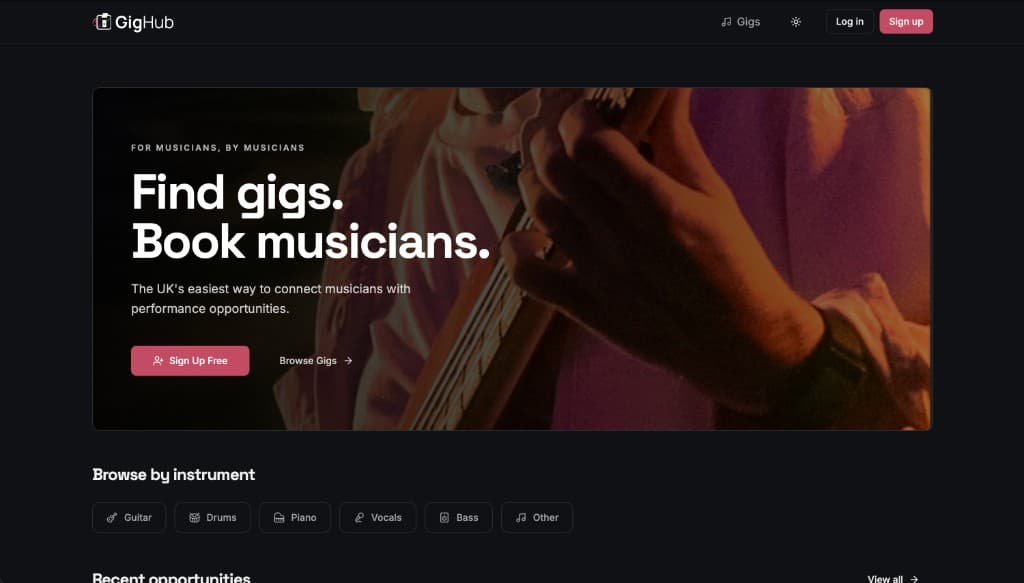 GigHub homepage: Find gigs, Book musicians — hero with sign up and browse gigs, browse by instrument (Guitar, Drums, Piano, Vocals, Bass, Other), recent opportunities.