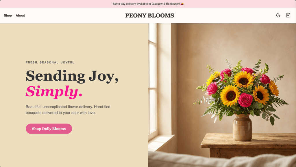Peony Blooms landing page: hero with ‘Sending Joy, Simply.’ headline, Shop Daily Blooms CTA, and bouquet in vase.